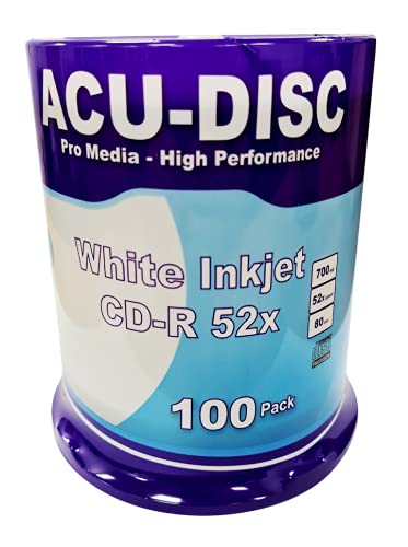 ACU-DISC CD-R Blank 52x 700MB 80 Minutes CD Full Face White Hub Inkjet Printable - 100pk Cake Box