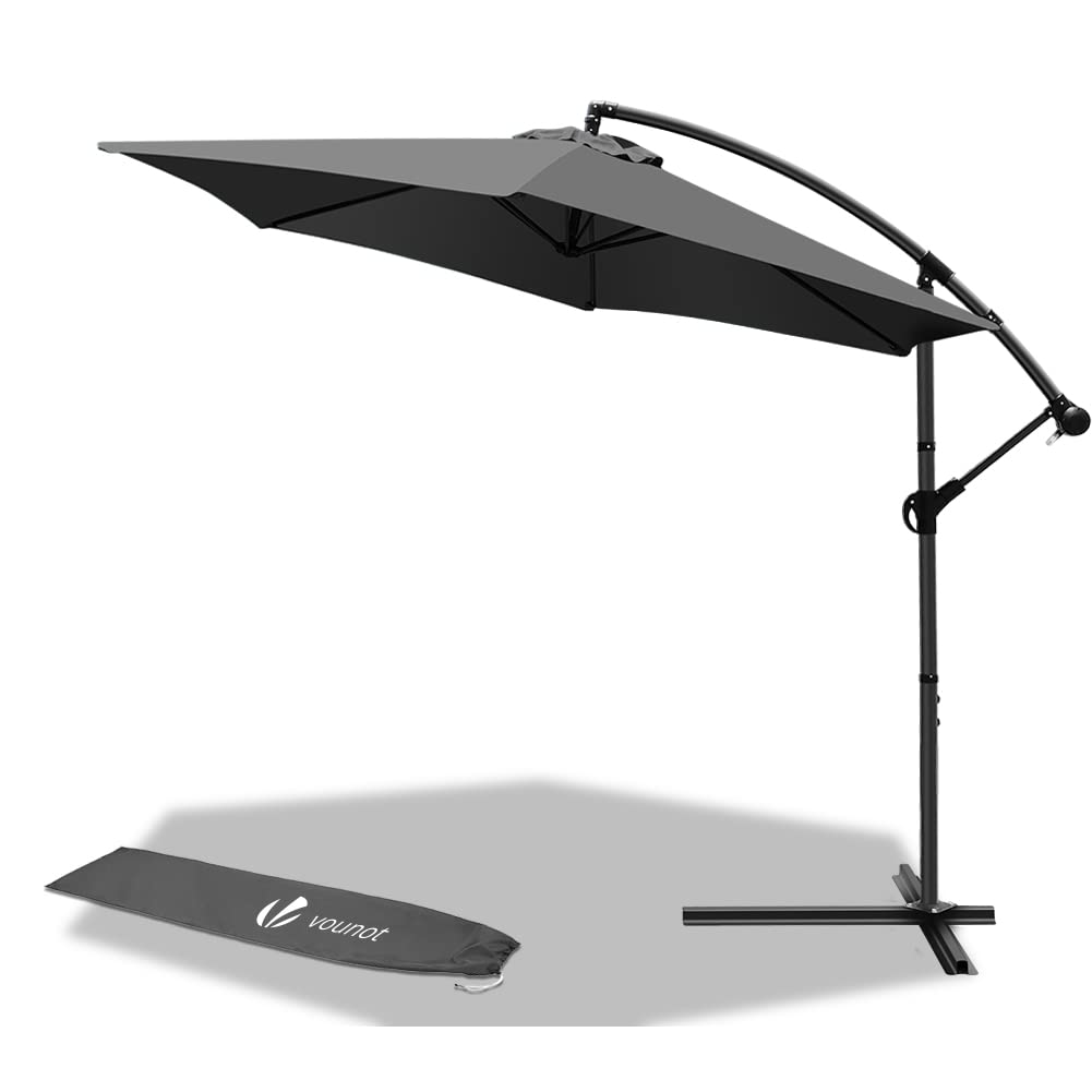 VOUNOT 3m Cantilever Garden Parasol, Banana Patio Umbrella with Crank Handle and Tilt for Outdoor Sun Shade, Grey Classic Solid