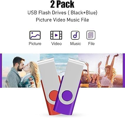 128GB USB Memory Stick 2 PACK USB 2.0 Flash Drive Pen Drive Swivel Design Photo USB Sticks Fold Storage (Red/Purple With Lanyard) 128GB B-2