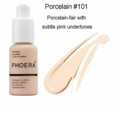 Aquapurity Phoera® Full Coverage Foundation Soft Matte Oil Control Concealer 30ml Flawless Cream Smooth Long Lasting 24HR UK (F101 PORCELAIN) F101 PORCELAIN 30 ml (Pack of 1)