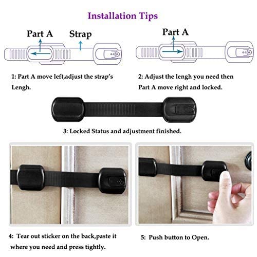 8 Pack Black Child Safety Locks, SACONELL Baby Proof Cabinets Latches with No Trapped Fingers for Cupboard/Drawers/Closet/Toilet Seat/Oven and Fridge, Free 9 Extra 3M Adhesive Pads