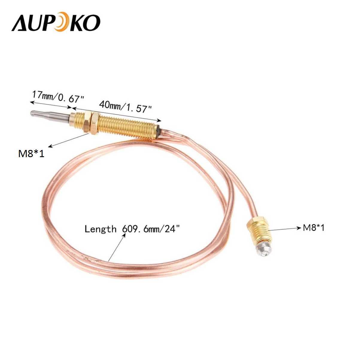 Aupoko 24" Gas Thermocouple Kit, M8x1 Thread Universal Thermocoupler Temperature Sensor Thermocouple Flame Failure Safety Device for BBQ Grill, Firepit, Fireplace, Heater (600mm, M8x1)