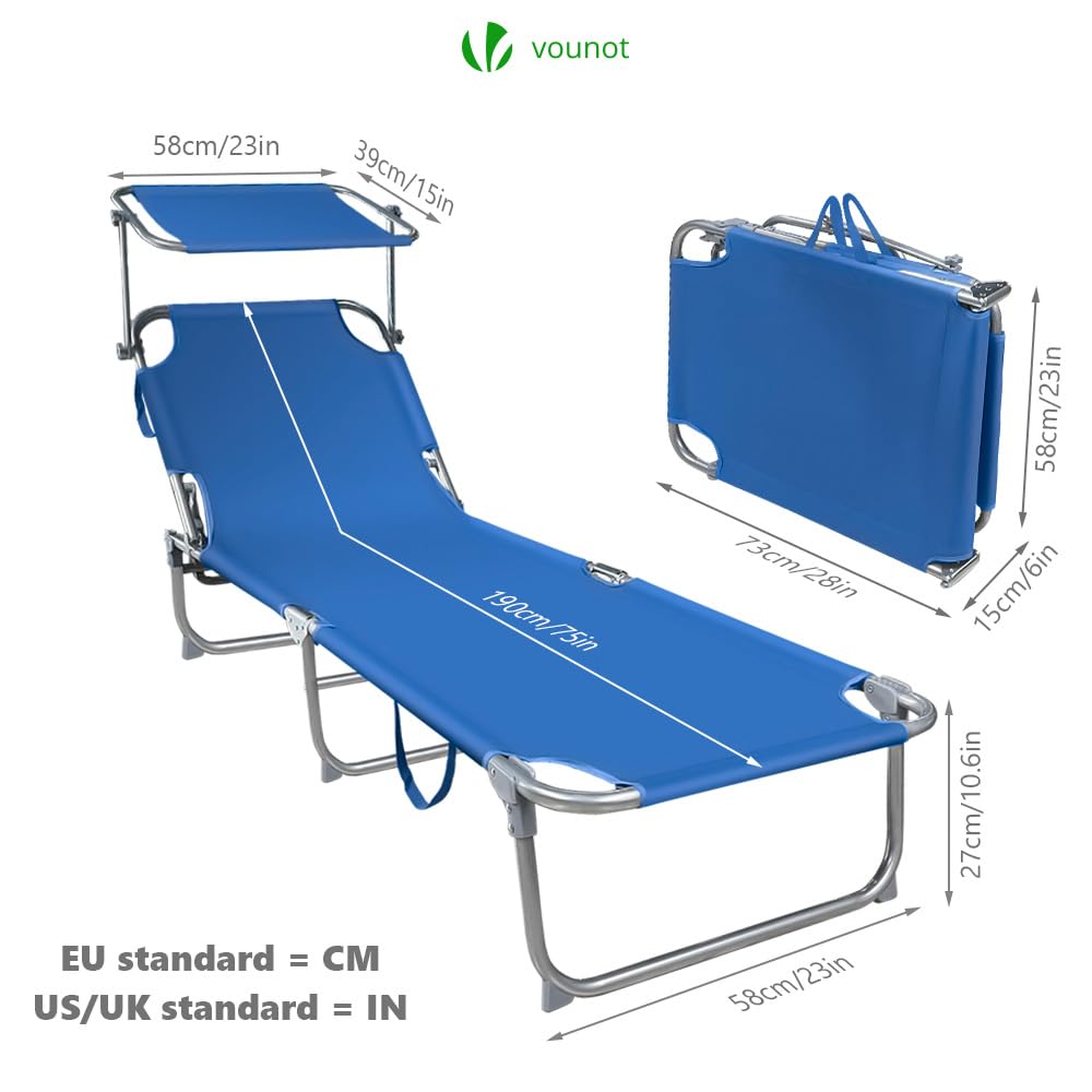 VOUNOT Folding Sun Loungers Set of 2, Sunbed with Adjustable Backrest & Sunshade for Garden, Beach, Patio, Pool, Camp, Load 110 kg, Blue