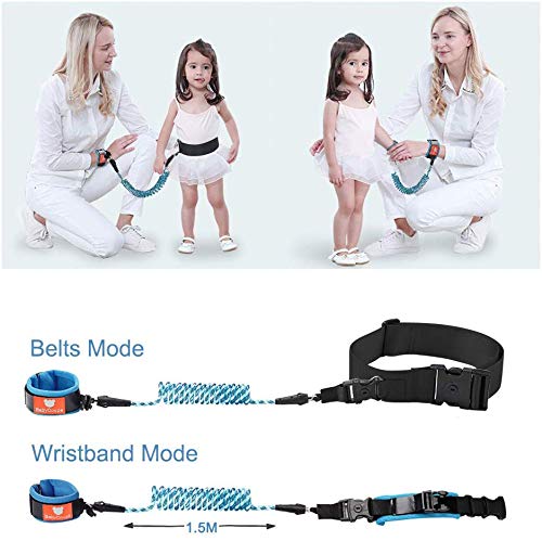 Anti Lost Wrist Link Belt, 1.5M Belts and Wristband 2 in 1 Combination Kit, Adjustable Children Wrist Rope with Lock, Safety Harness for Kids, Baby Harness for Walking(Blue+Black+1.5Meters) blue+black+1.5meters