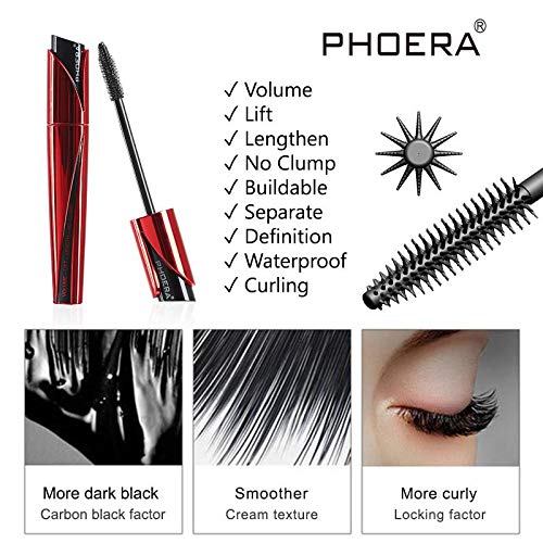 AQUAPURITY - PHOERA Lash Volume Mascara Waterproof, smudge proof Long Lasting Fiber Lash Black Mascara, 9D Curling Eye Makeup Intense Lengthen & Volumize False Eyelashes | Cruelty Free