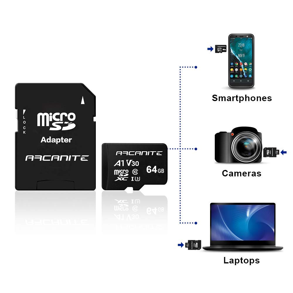 ARCANITE 64GB microSDXC Memory Card with Adapter - A1, UHS-I U3, V30, 4K, C10, Micro SD, Optimal read speeds up to 90 MB/s A1 High Speed 64 GB