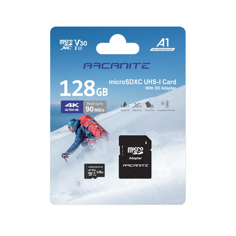 ARCANITE 128GB microSDXC Memory Card with SD adapter - A1, UHS-I U3, V30, 4K, C10, microSD, 90MB/s maximum read speed A1 High Speed 128 GB