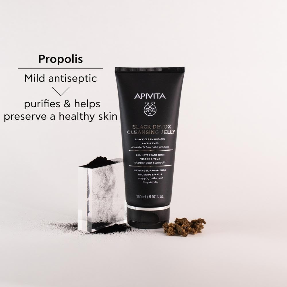 Apivita Black Detox Cleansing Jelly face & eyes 150ml - Facial Cleanser & Make up Remover - Natural Face Wash with Activated Charcoal & Propolis - Attracts Pollutants like Magnet, Leaves Skin Fresh