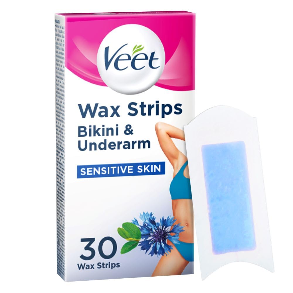 Veet Bikini & Underarm Cold Wax Strips, 30 Count, Brazilian Hair Removal, Sensitive Skin, Smooth Finish, Ideal Eyebrow Shaping, Gentle Waxing Solution 30 count (Pack of 1)