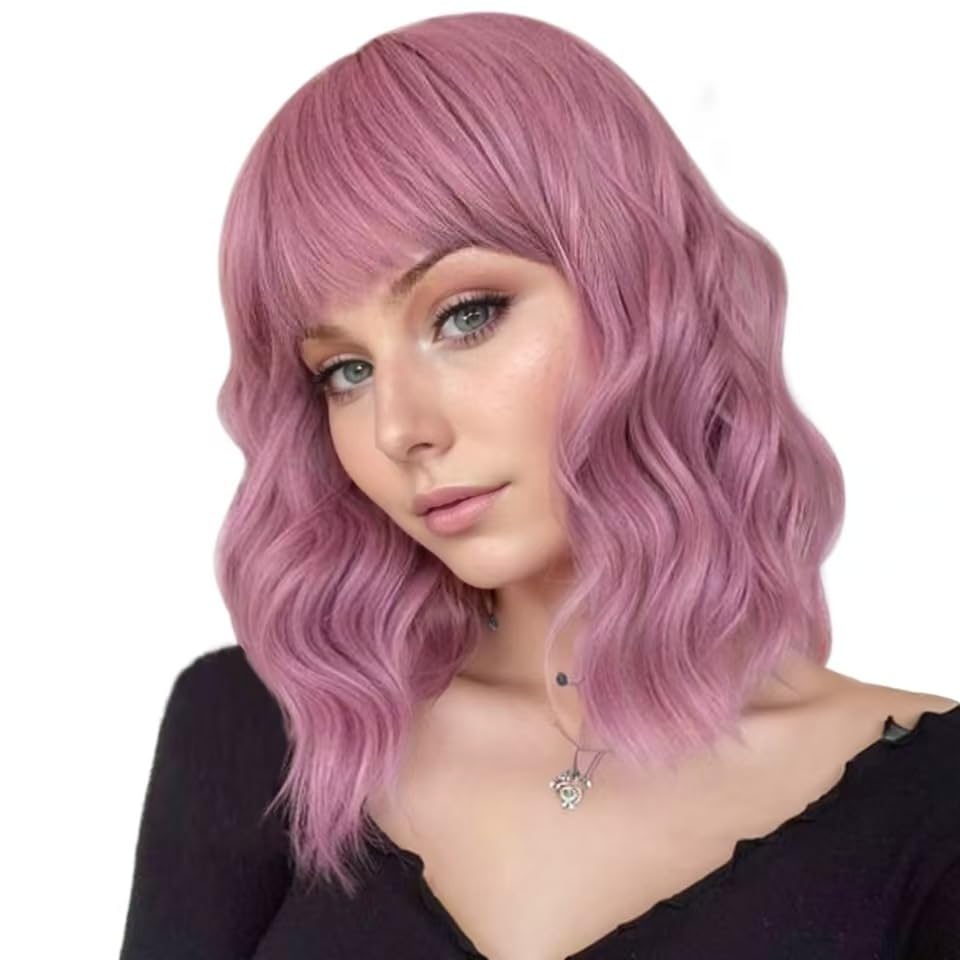 VCKOVCKO Pastel Wavy Wig With Air Bangs Women's Short Bob Purple Pink Wig Curly Wavy Shoulder Length Synthetic Cosplay Colorful Wigs for Girls (12",Purple Pink) A-Purple Pink