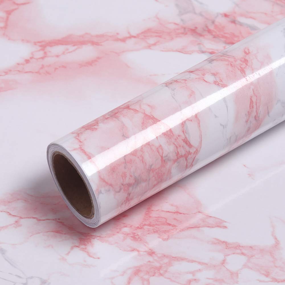 VEELIKE Marble Wallpaper Sticky Back Plastic Roll 40cm x 300cm Granite Washable Wallpaper Oilproof White and Pink Self Adhesive Contact Paper Vinyl Film for Worktop Drawer Table 40W x 300L cm