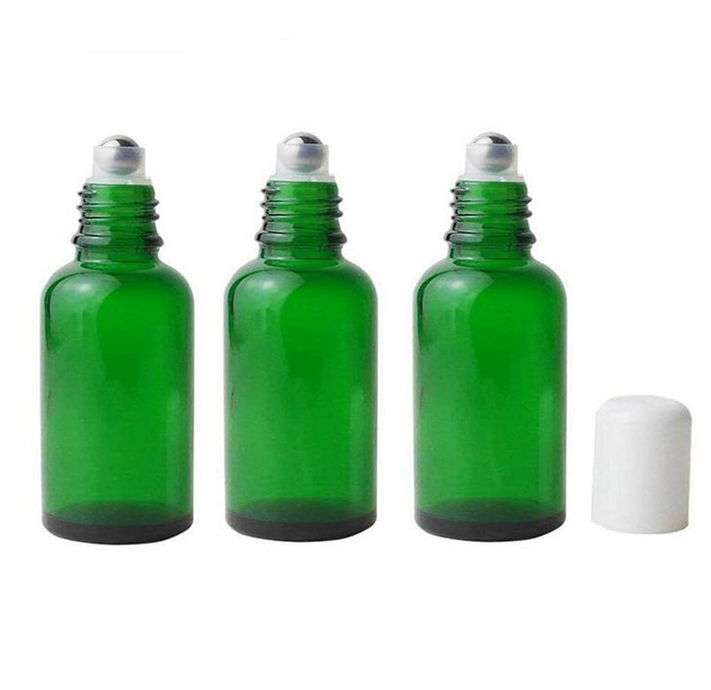 VASANA 3PCS 30ml Empty Refillable Green Glass Essential Oil Roll On Bottles Cosmetic Sample Packing Jars Pots with Metal Roller Ball And White Cap For Essential Oil Perfume