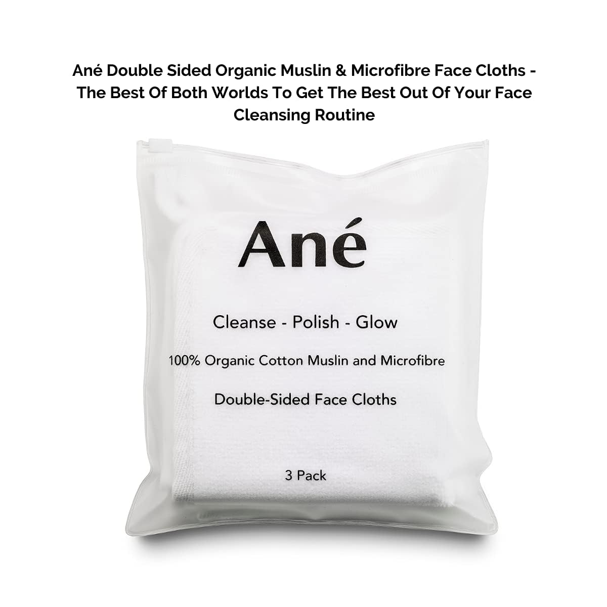 Ané 3 Double Sided Organic Cotton Muslin and Microfibre Cleansing and Exfoliating Flannel Face Cloth for Cleansing, Makeup Remover and Gentle Face Exfoliation