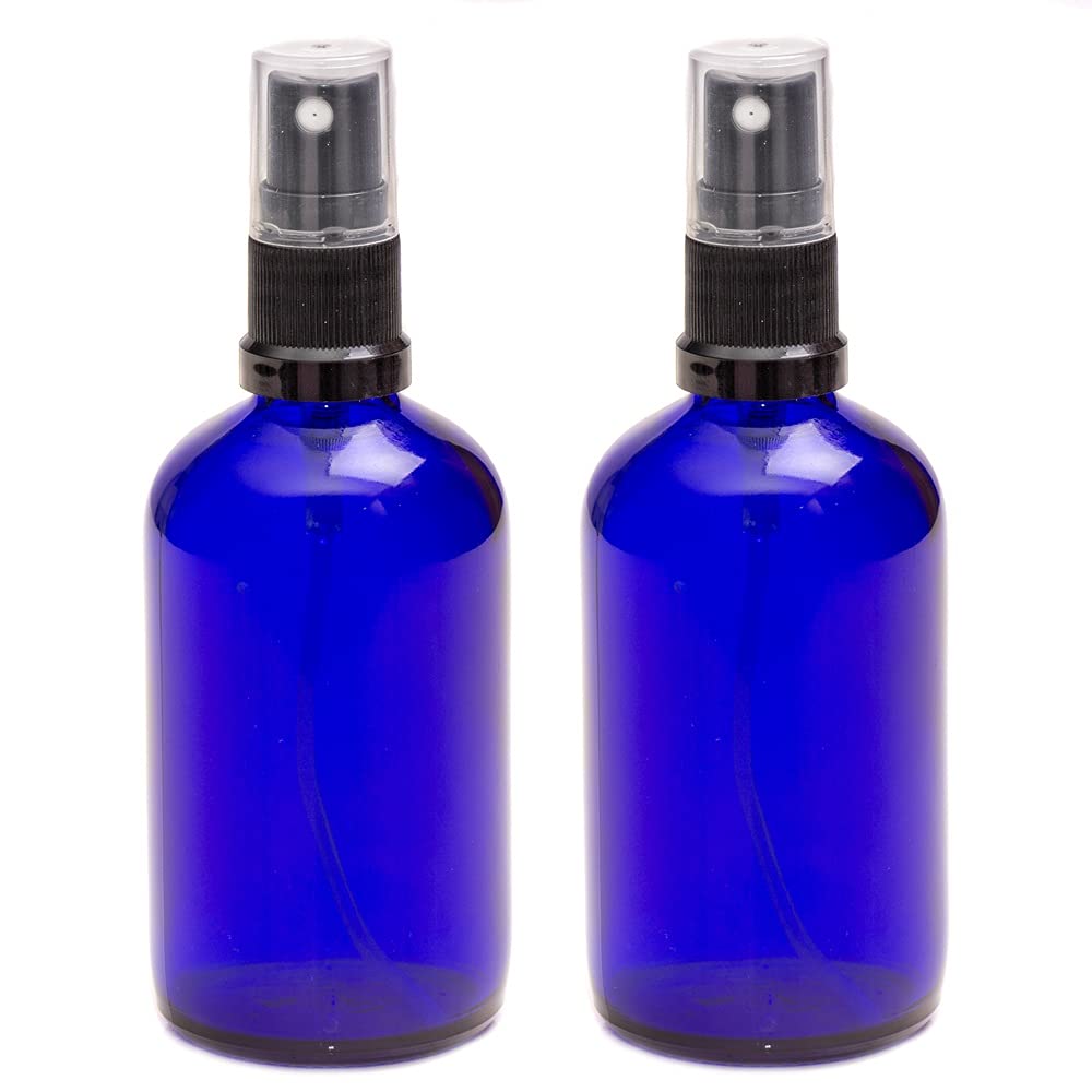 Aura 100ml Blue Glass Bottles with Black ATOMISER Sprays - Pack of 2