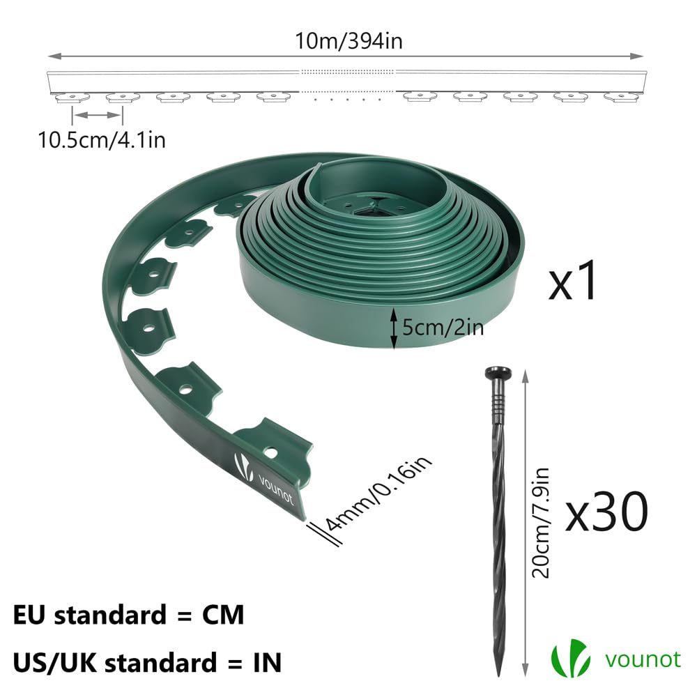 VOUNOT 10m Flexible Lawn Edging, Plastic Garden Edging Border with 30 Strong Securing Pegs, Height 5cm, Green