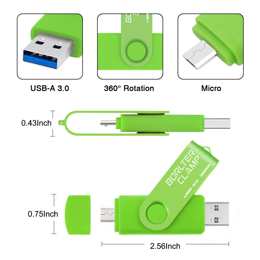 32GB Dual USB 3.0 Flash Drive OTG Memory Stick, Pendrive with microUSB Drive for Android Phone, Tablet and Computer (Green) 32GB Green