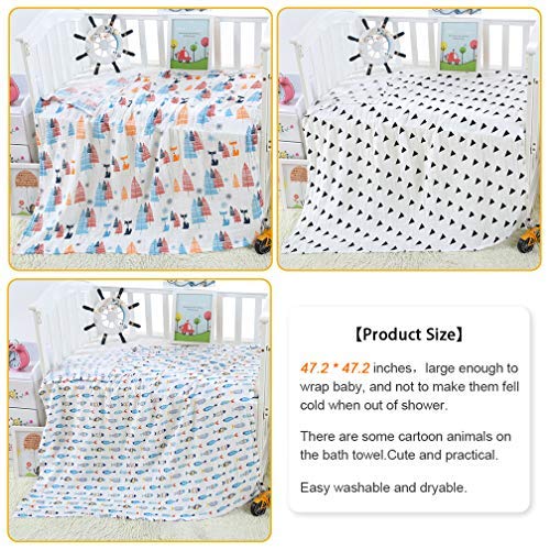 ALBOYI 3 Pack Baby Muslin Washcloths 120cmX120cm Cartoon Cotton Muslin Newborn Towel Large Gauze Squares Babies Swaddle Blanket Shower Wipes (Fish/Fox/Geometric Print) 3pack