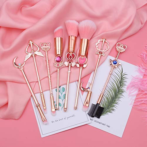 9pcs Makeup Brushes Set Moon, Kawaii Cosmetic Brushes Pink Make up Brushes Basic Set with Pink Bag Novelty Gift for Girl Women Style B