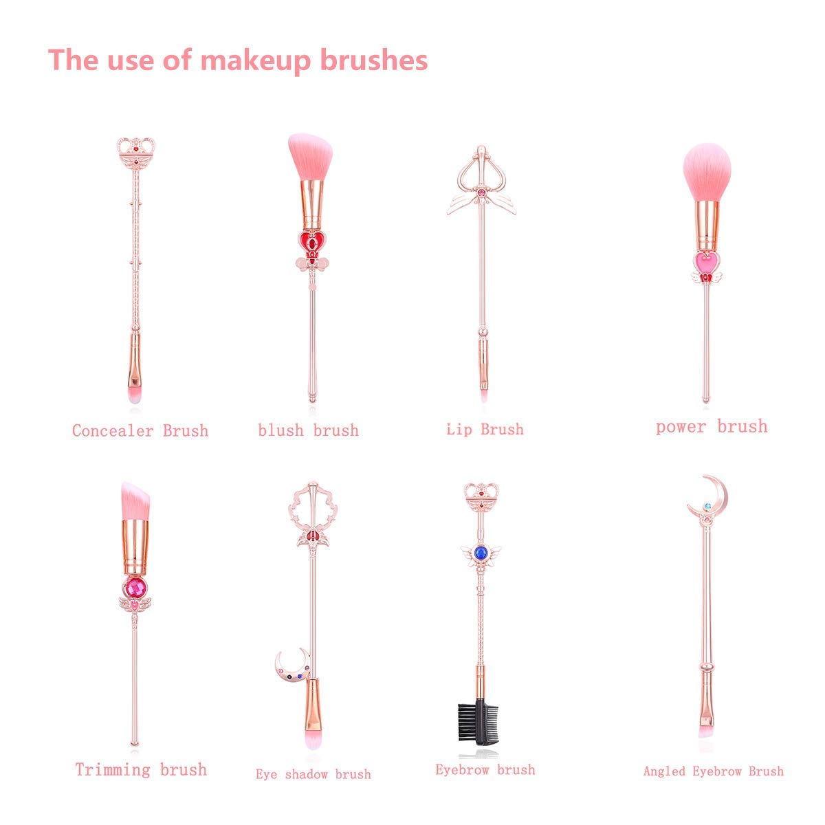 9pcs Makeup Brushes Set Moon, Kawaii Cosmetic Brushes Pink Make up Brushes Basic Set with Pink Bag Novelty Gift for Girl Women Style B