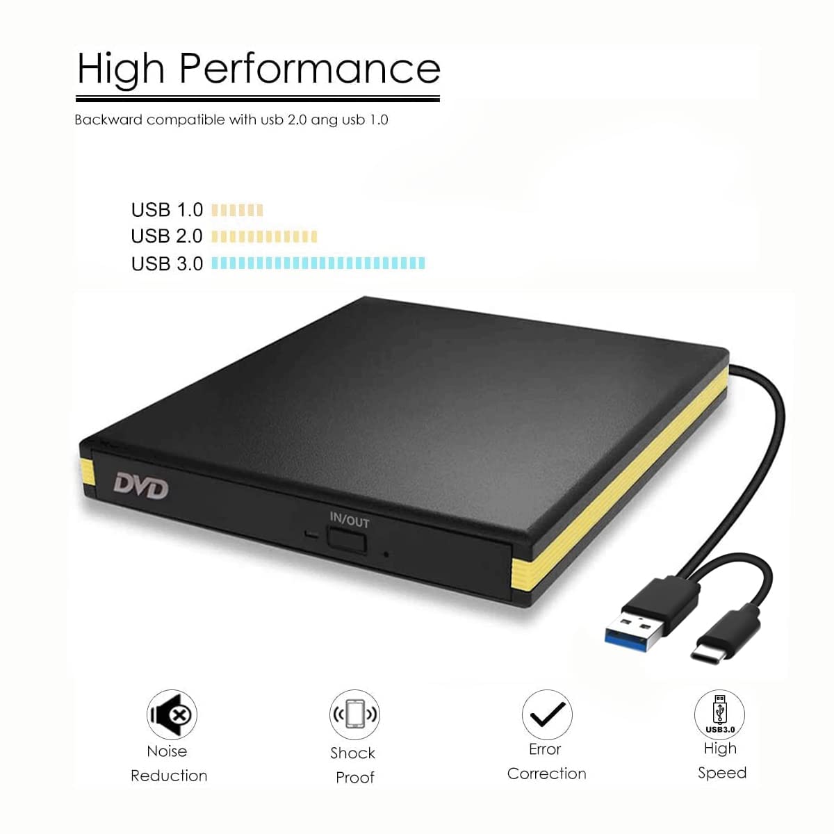 USB 3.0 External DVD Drive, Portable CD DVD Drive Player External CD Burner Reader Writer Disk Drive for Laptop Desktop MacBook Mac OS Windows 10 8 7 XP Vista Drive 002