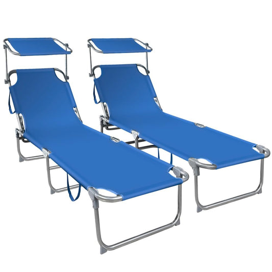 VOUNOT Folding Sun Loungers Set of 2, Sunbed with Adjustable Backrest & Sunshade for Garden, Beach, Patio, Pool, Camp, Load 110 kg, Blue