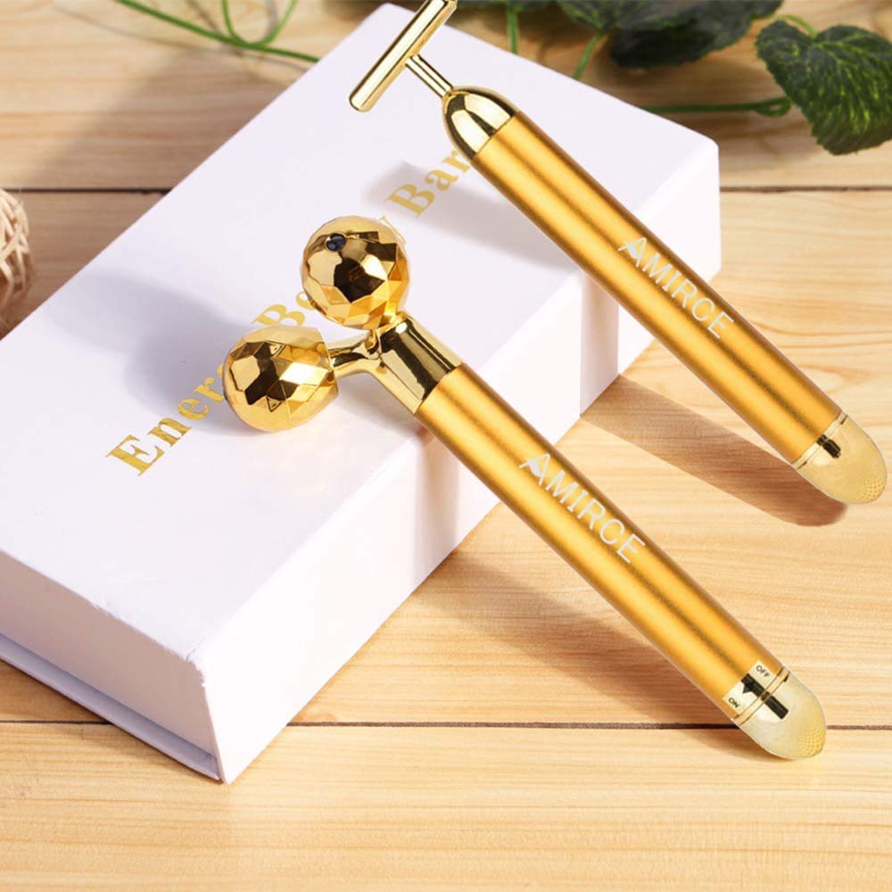 2 IN 1 Gold Facial Massager, Electric 3D Face Roller and T Shape Arm Eye Nose Head Massager Instant Face Lift Anti Wrinkles