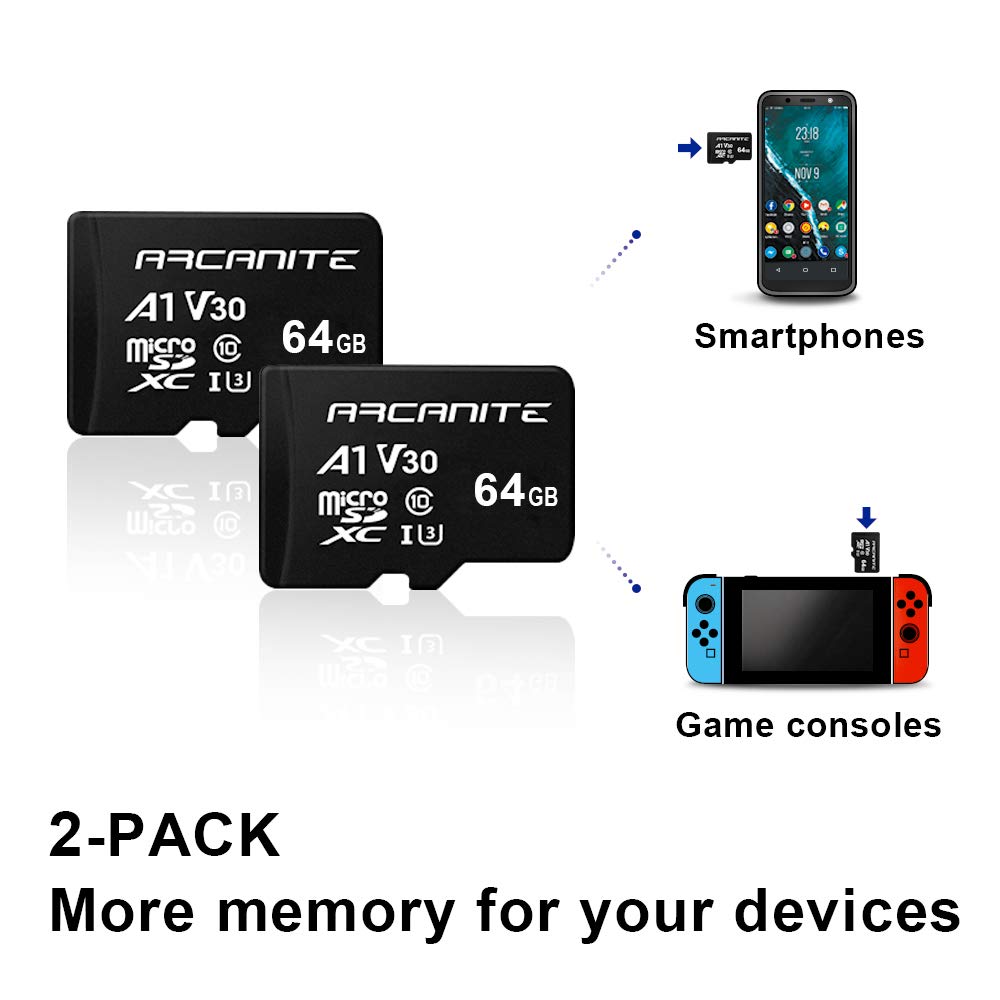 ARCANITE 2-Pack 64GB microSDXC Memory Card - A1, UHS-I U3, V30, 4K, C10, MicroSD, Optimal read speeds up to 90 MB/s