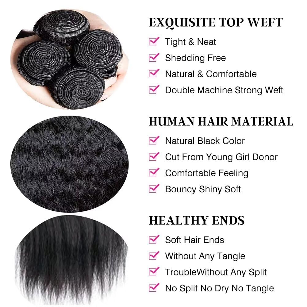 UNILO human hair bundles 12A, yaki straight bundles human hair Brazilian kinky straight hair bundles 8 10 12 Inch Total 300G Double Weft Sewing no shedding hair.