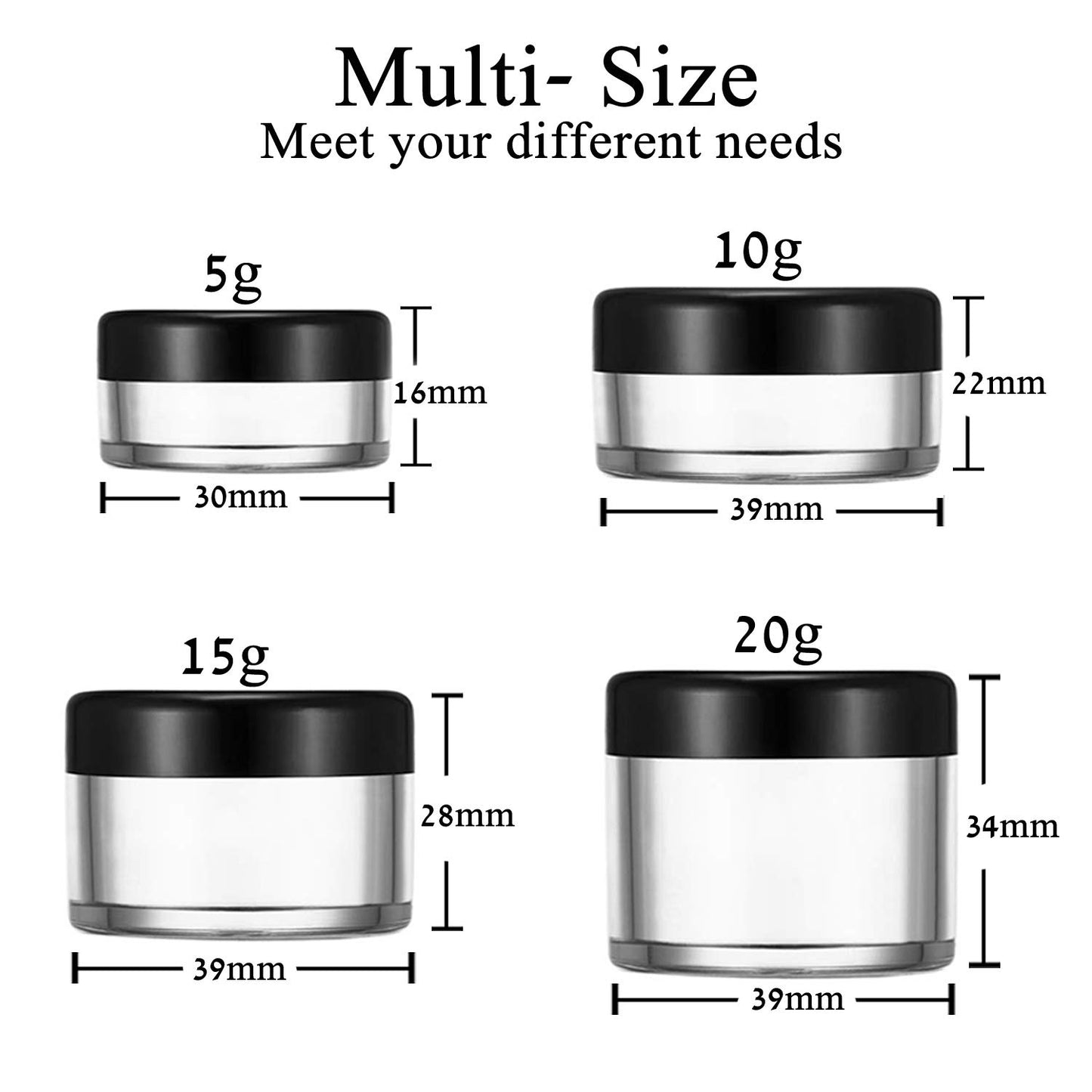 20 Pcs Empty Cosmetics Container Pots Travel Plastic Jars with Black Screw Lids for Cream, Sample, Powder, Makeup Storage (5, 10, 15, 20 Gram), Includes 3 Pack Mini Spatula by Yalbdopo