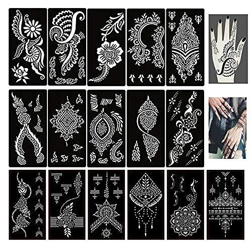 XMASIR 16 Sheet Tattoo Stencils for Women Body Art Temporary Templates Mehndi Stencils Indian Temples Tattoo 18.5 x 9.5cm