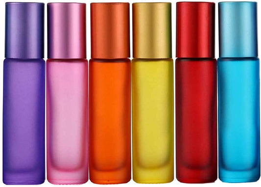 Alledomain 6Pcs, 10ml Essential Oils Roller Bottles, Refillable Empty Colorful Frosted Glass Roll on Bottles with Stainless Steel Ball, Include 1 Dropper & Opener, Perfect for Aromatherapy