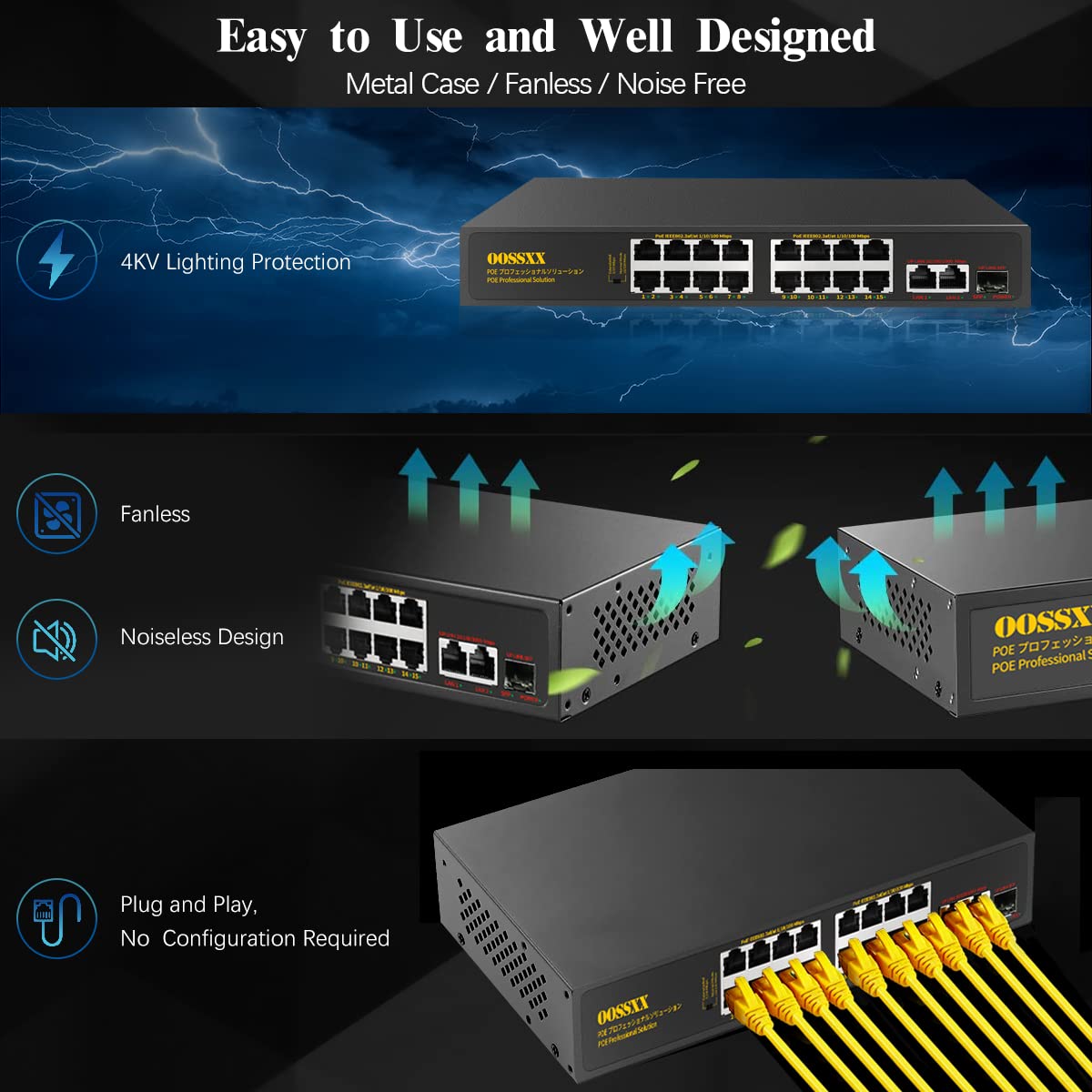 {Gigabit Uplink} 16 Port PoE+100Mbps,2 Gigabit Uplink Ports,1 SFP Port,@300W Unmanaged switch/IEEE802.3af/at/ Plug Play Network Switch Desktop or Rack Mountable 16PoE(G)+2G