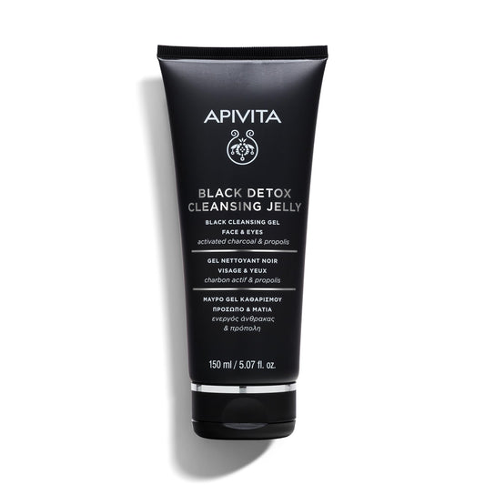 Apivita Black Detox Cleansing Jelly face & eyes 150ml - Facial Cleanser & Make up Remover - Natural Face Wash with Activated Charcoal & Propolis - Attracts Pollutants like Magnet, Leaves Skin Fresh