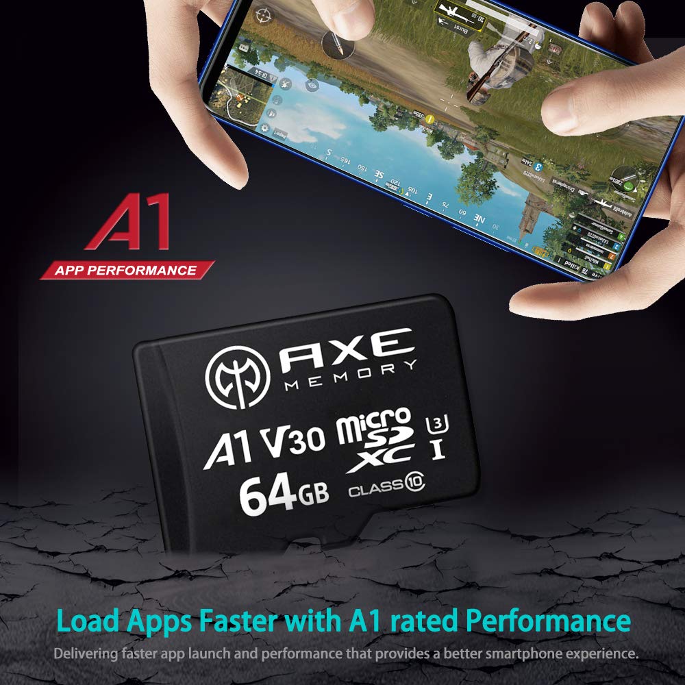 AXE MEMORY 64GB Micro SD Card 4K Ultra HD Video High Speed MicroSDXC Up To 95MB/S A1 V30 UHS-I U3 MicroSD, A1 High Speed, Black 64 GB