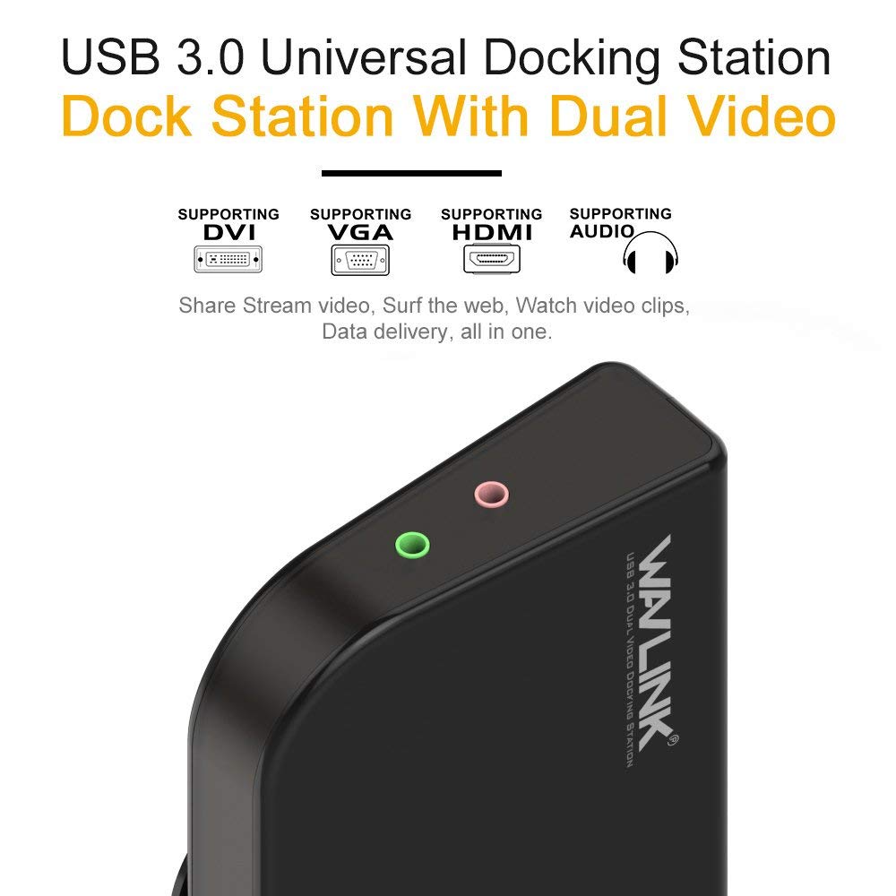 WAVLINK USB 3.0 Universal Dual Display Laptop Docking Station, Support HDMI/DVI/VGA(up to 2048x1152), 6 USB Ports, Gigabit Ethernet, Vertical Stand, Audio Output/Input for Laptop/PC/Mac/Windows Dual Display Docking Station