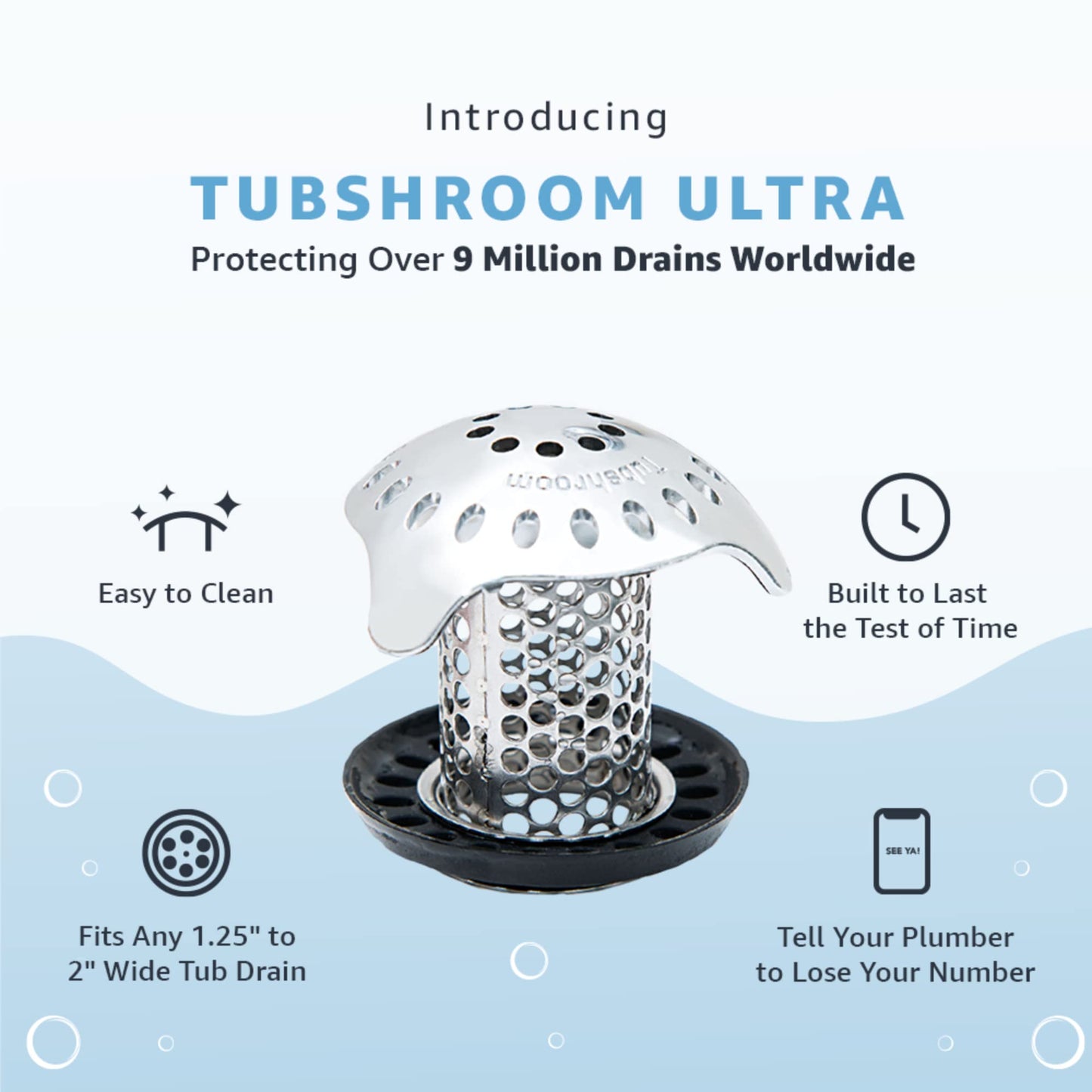 TubShroom Bathtub Hair Catcher Drain Protector Silicone Stainless Steel Standard Bathtub Combo Single