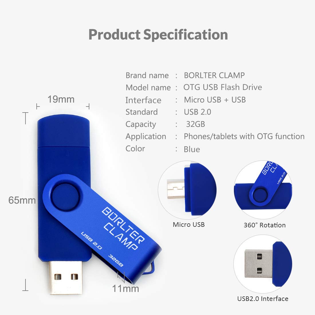 32GB OTG Memory Stick Dual USB Flash Drive, Thumb Drive with Micro USB Drive Port for Android Smartphone Tablet & Computer (Blue) 32GB Blue