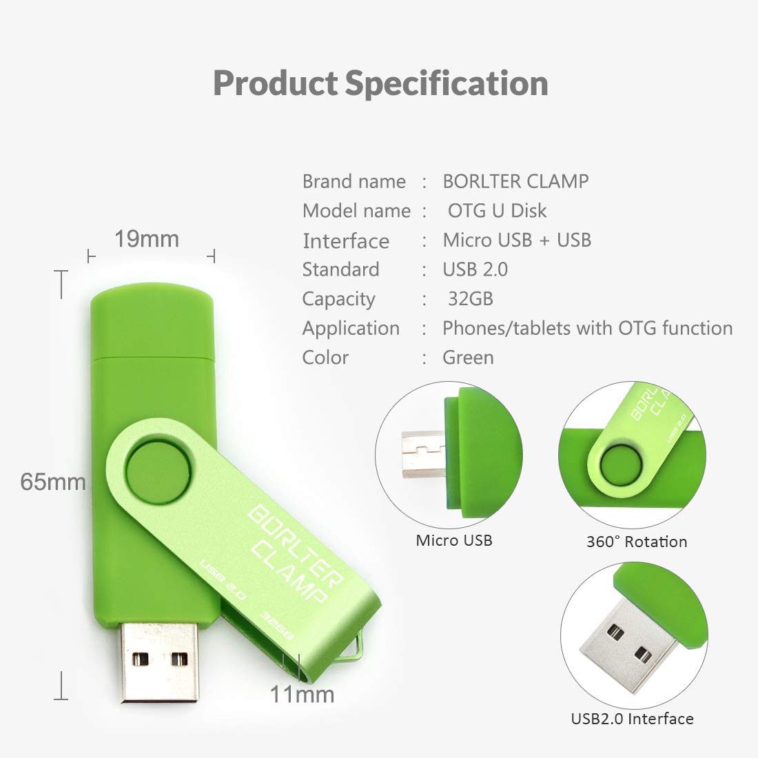 32GB OTG Memory Stick Dual USB Flash Drive, Thumb Drive with Micro USB Drive Port for Android Smartphone Tablet & Computer (Green) 32GB Green