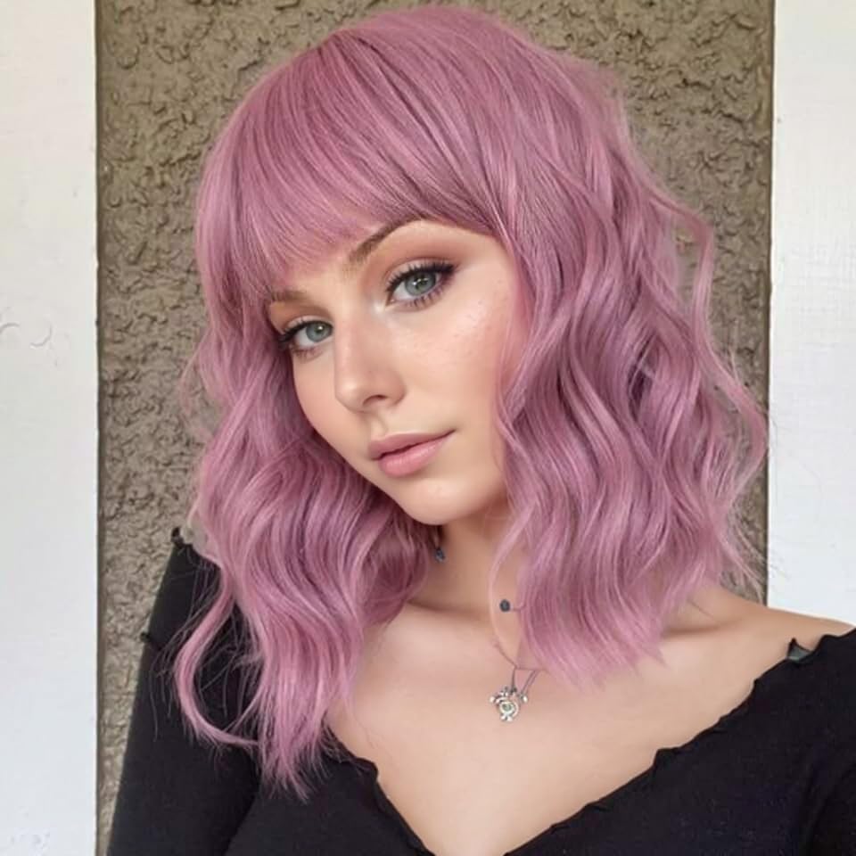 VCKOVCKO Pastel Wavy Wig With Air Bangs Women's Short Bob Purple Pink Wig Curly Wavy Shoulder Length Synthetic Cosplay Colorful Wigs for Girls (12",Purple Pink) A-Purple Pink