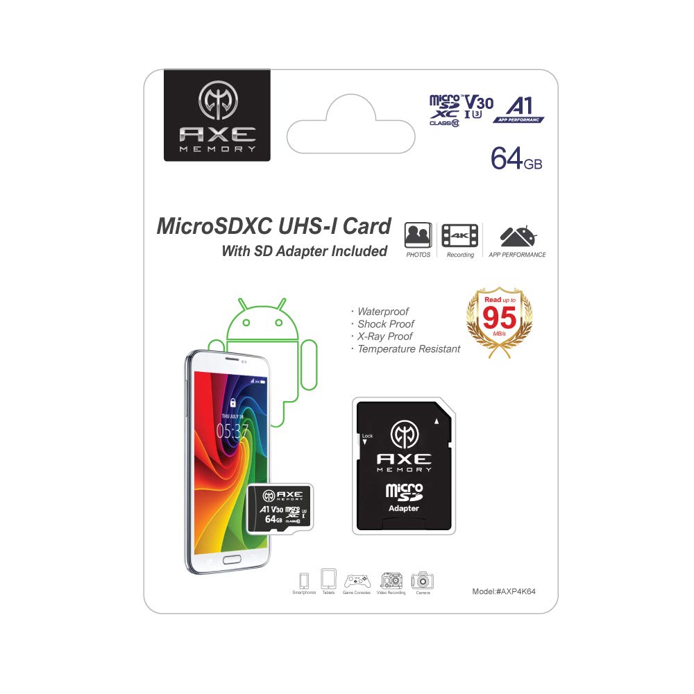 AXE MEMORY 64GB Micro SD Card 4K Ultra HD Video High Speed MicroSDXC Up To 95MB/S A1 V30 UHS-I U3 MicroSD, A1 High Speed, Black 64 GB