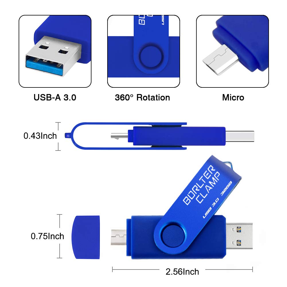 32GB Dual USB 3.0 Flash Drive OTG Memory Stick, Pendrive with microUSB Drive for Android Phone, Tablet and Computer (Blue) 32GB Blue