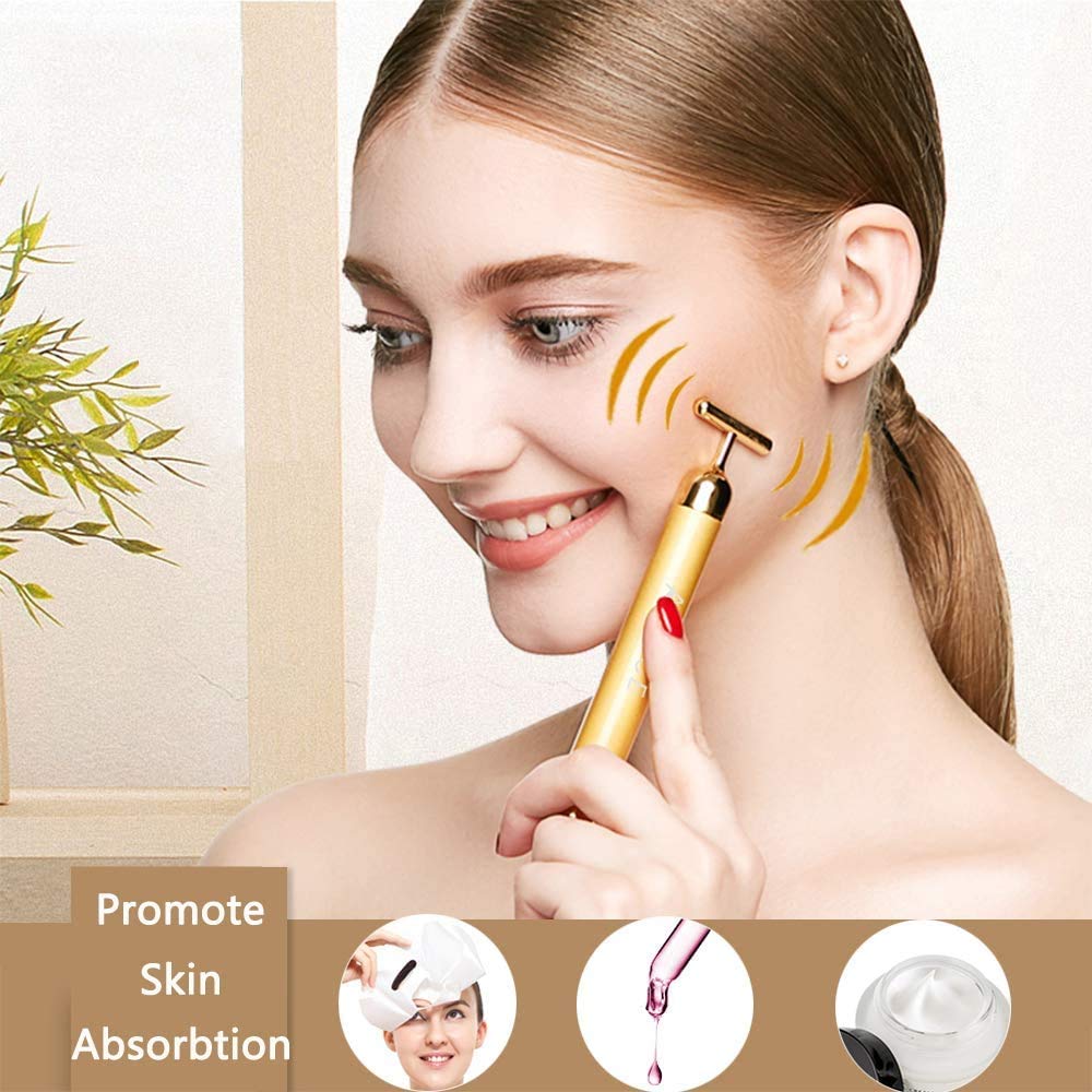 2 IN 1 Gold Facial Massager, Electric 3D Face Roller and T Shape Arm Eye Nose Head Massager Instant Face Lift Anti Wrinkles