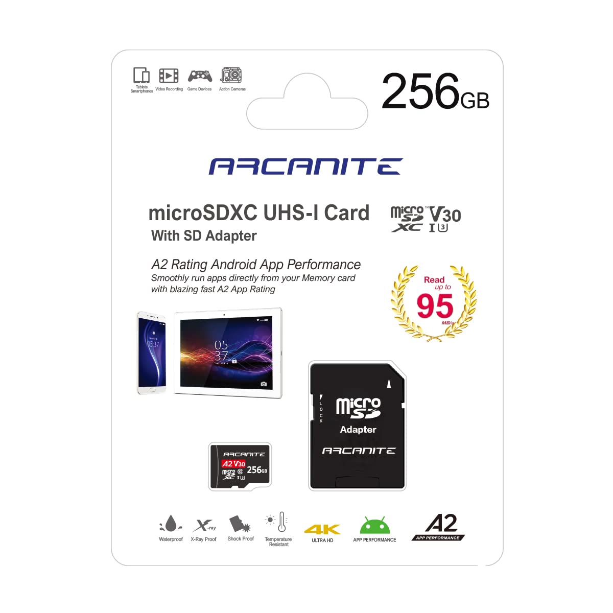 ARCANITE 256GB microSDXC Memory Card with Adapter - A2, UHS-I U3, V30, 4K, C10, Micro SD, Optimal read speeds up to 95 MB/s A2 Premium Speed 256 GB