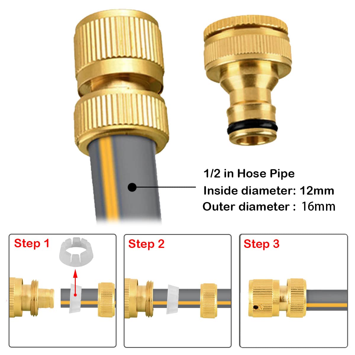 Abimars 8 Pack Brass Garden Hose Tap Connector Kit for Join Garden Hose Pipe Tube, 2 Double Male Connector,4 Hose 1/2"End Quick Connect,2 Hose Tap Connector 8PCS