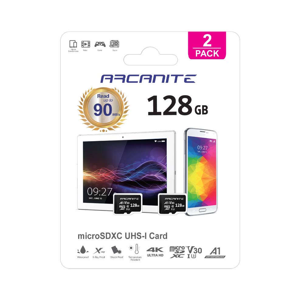 ARCANITE 2-Pack 128GB microSDXC Memory Card - A1, UHS-I U3, V30, 4K, C10, MicroSD, Optimal read speeds up to 90 MB/s - without Adapter