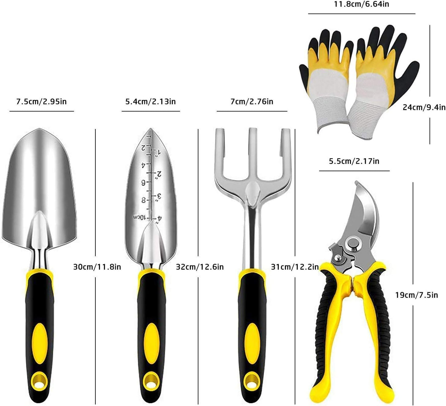 AGAKY Garden Tool Set 5 Piece Aluminum Gardening Tools Kit with Gloves, Pruning Shear, Rake, Shovel & Trowel Heavy Duty Indoor and Outdoor Hand Planting Kit Gardening Gifts for Women & Men, Yellow