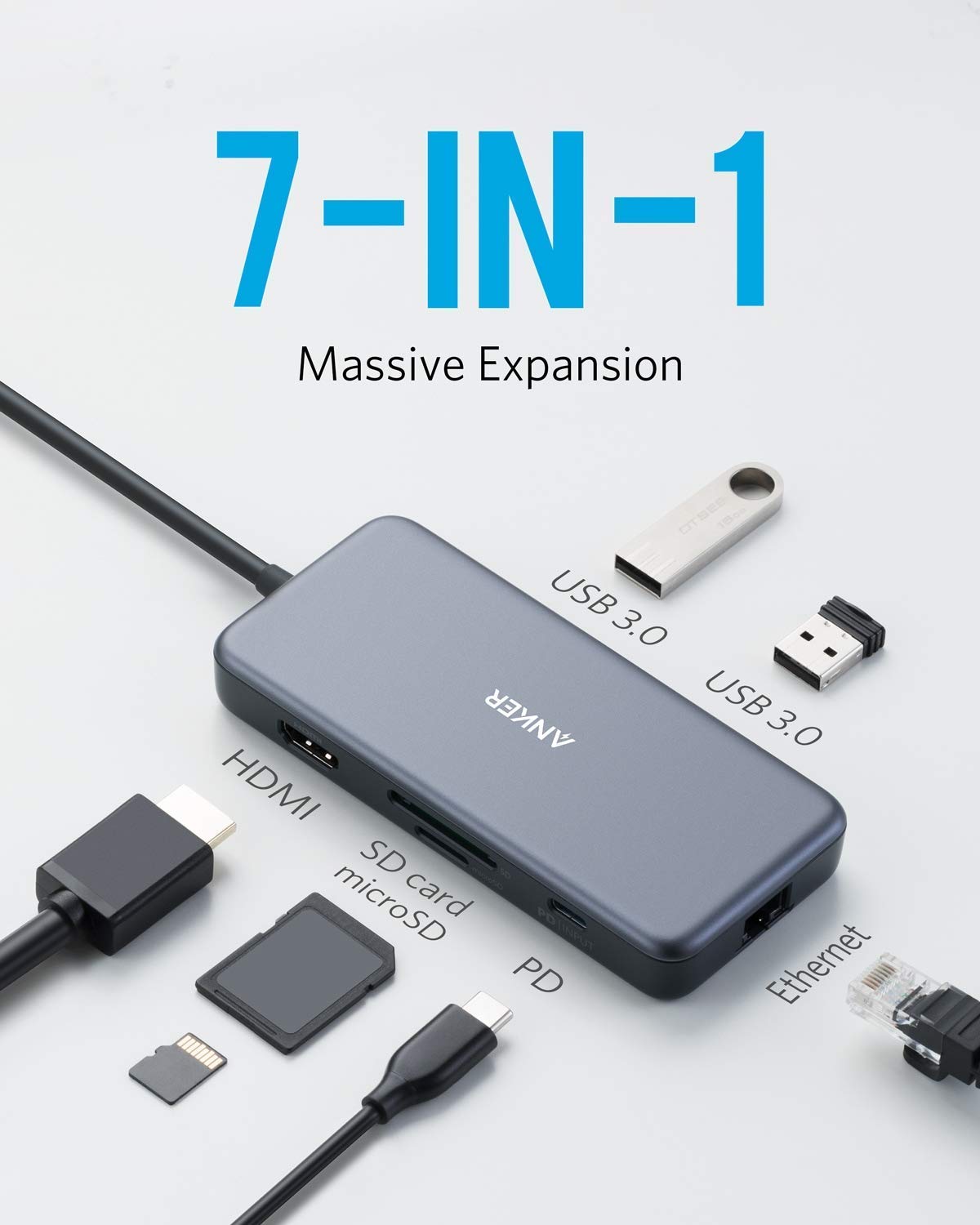 Anker USB C Hub, PowerExpand+ 7-in-1 USB C Adapter, with 4K HDMI, 60W Power Delivery, 1Gbps Ethernet, 2 USB 3.0 Ports and SD/microSD Card Readers, for MacBook Pro 2019/2018/2017/2016, Chromebook, XPS