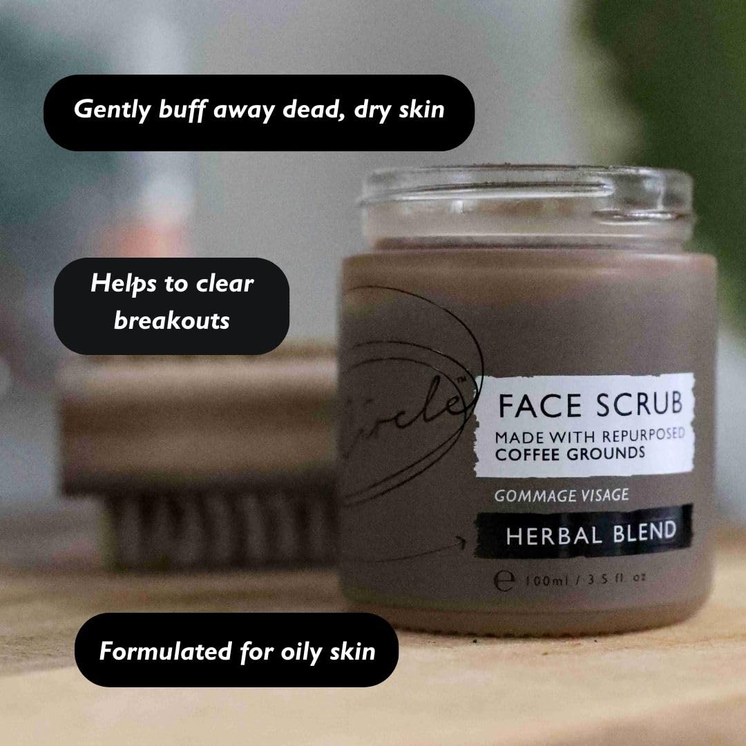 UpCircle Coffee Face Scrub - Herbal Blend For Oily, Combination + Spot Prone Skin 100ml - Tea Tree, Shea Butter, Coconut + Rosehip Oil - Natural, Vegan Face Exfoliator For Soft, Smooth Skin