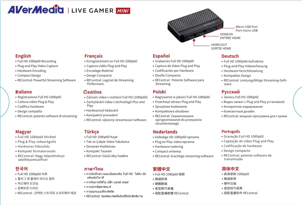 AVerMedia Live Gamer MINI GC311, 1080p60 Full HD Pass-Through, USB 2.0 Game Capture Card, Hardware Encoder, Plug & Play, For Beginners, Switch, PS4, Xbox, iPhone, iPad