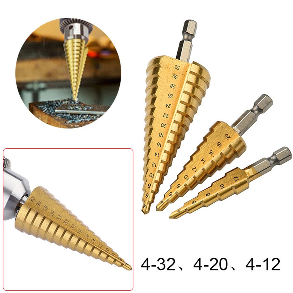 3PCS HSS Step Bits, High Speed Steel Step Drill Bits Set - (4-12mm, 4-20mm and 4-32 mm) Cone Drill Bits Hole Cutter for Wood, Stainless Steel, Sheet Metal